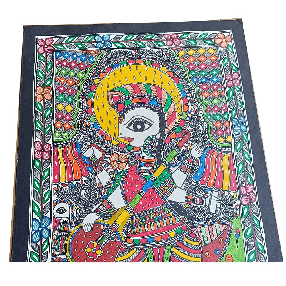 Hand-Painted Saraswati Ji Madhubani Painting | Traditional Mithila Folk Art | Saraswati Mata Mithila Painting | Saraswati Puja Madhubani Art - Image 3