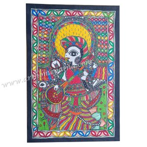 Hand-painted Goddess Saraswati with veena in Madhubani style