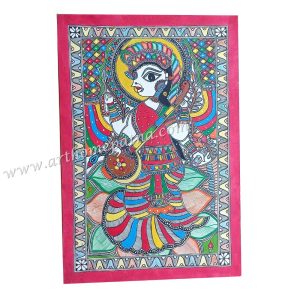 Hand-painted Goddess Saraswati with veena in Madhubani style