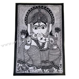 Hand-painted Lord Ganesha Madhubani painting on handmade paper Traditional Mithila painting of Lord Ganesha Handmade Madhubani folk art on handmade paper Spiritual Indian wall art featuring Lord Ganesha Authentic Bihar Madhubani artwork