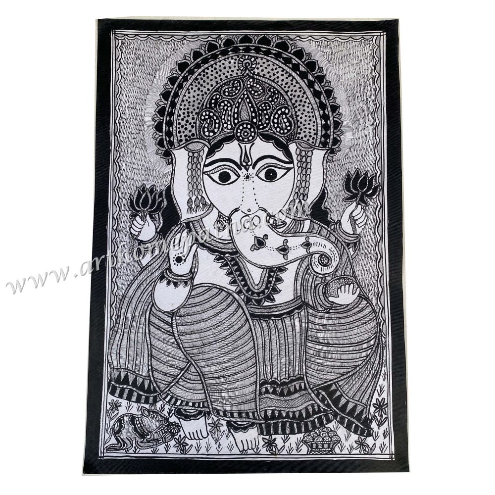 Hand-painted Lord Ganesha Madhubani painting on handmade paper Traditional Mithila painting of Lord Ganesha Handmade Madhubani folk art on handmade paper Spiritual Indian wall art featuring Lord Ganesha Authentic Bihar Madhubani artwork