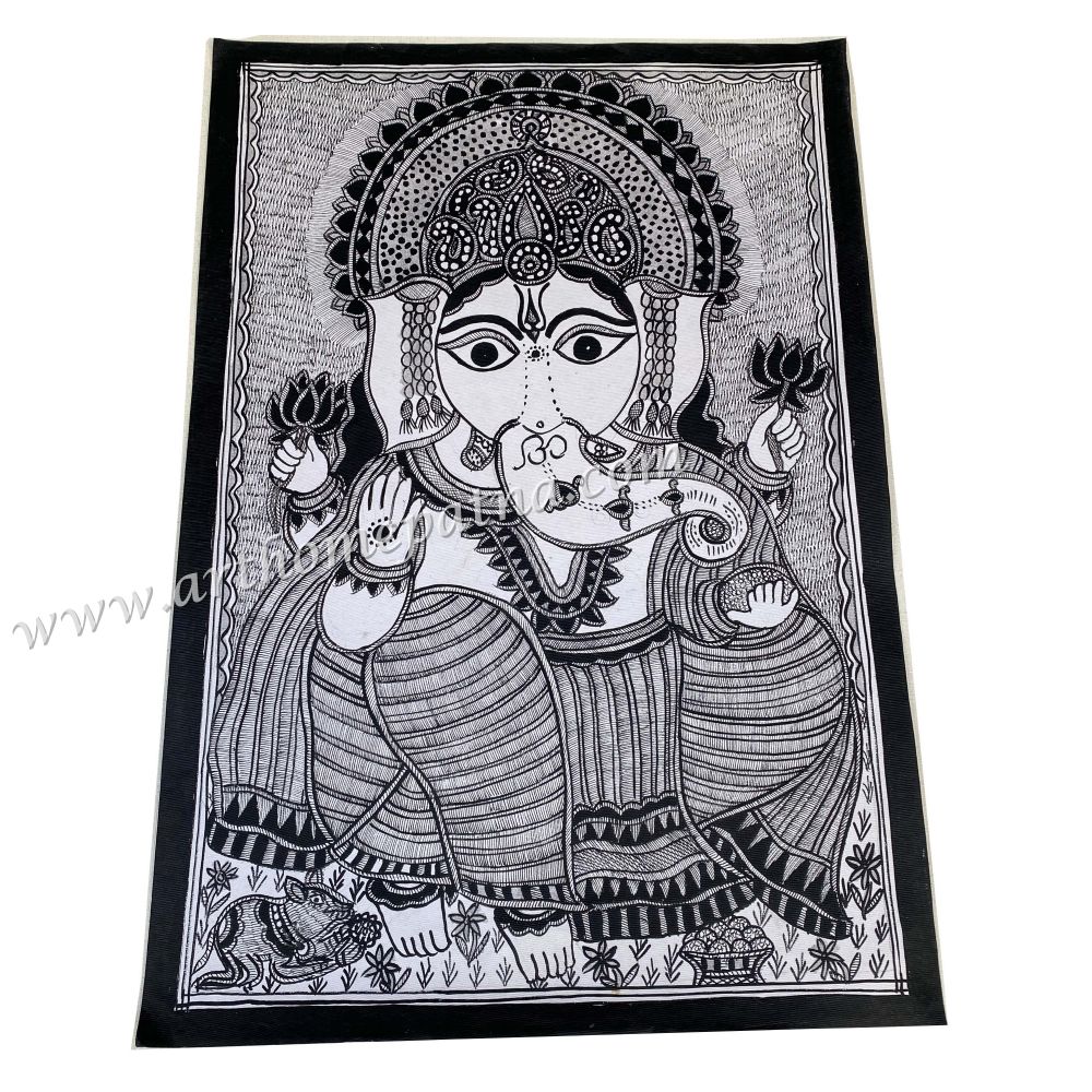 Black & White Lord Ganesha Madhubani Painting on Handmade Paper | Authentic Mithila Folk Art | Madhubani Ganesha Art - Image 2