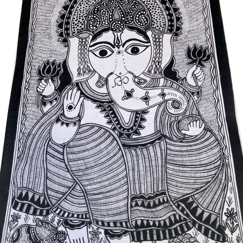 Black & White Lord Ganesha Madhubani Painting on Handmade Paper | Authentic Mithila Folk Art | Madhubani Ganesha Art - Image 3