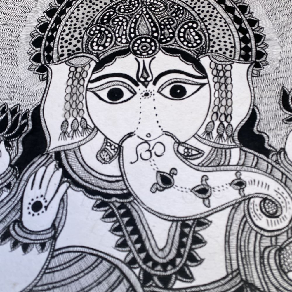 Black & White Lord Ganesha Madhubani Painting on Handmade Paper | Authentic Mithila Folk Art | Madhubani Ganesha Art - Image 4