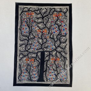 Hand-painted Tree of Life Madhubani painting with traditional Mithila motifs